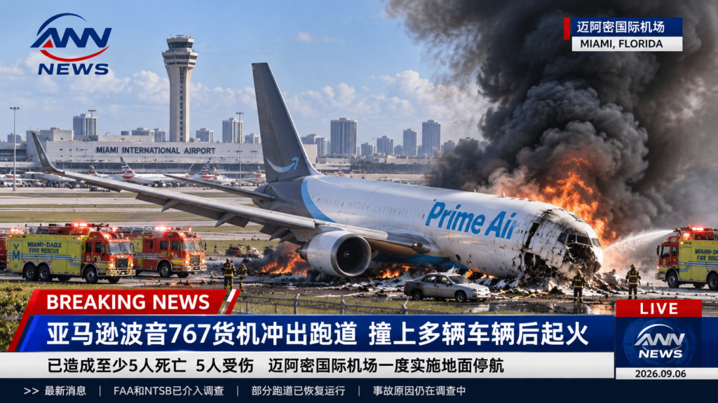 【Breaking】Amazon Boeing 767 Cargo Plane Runs Off Runway at Miami Airport, Hits Vehicles and Catches Fire, Leaving at Least 5 Dead and 5 Injured