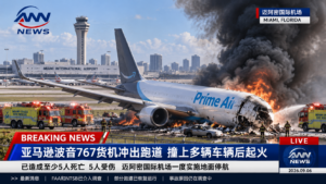 【突发】亚马逊波音767货机冲出迈阿密机场跑道撞车起火,至少5死5伤